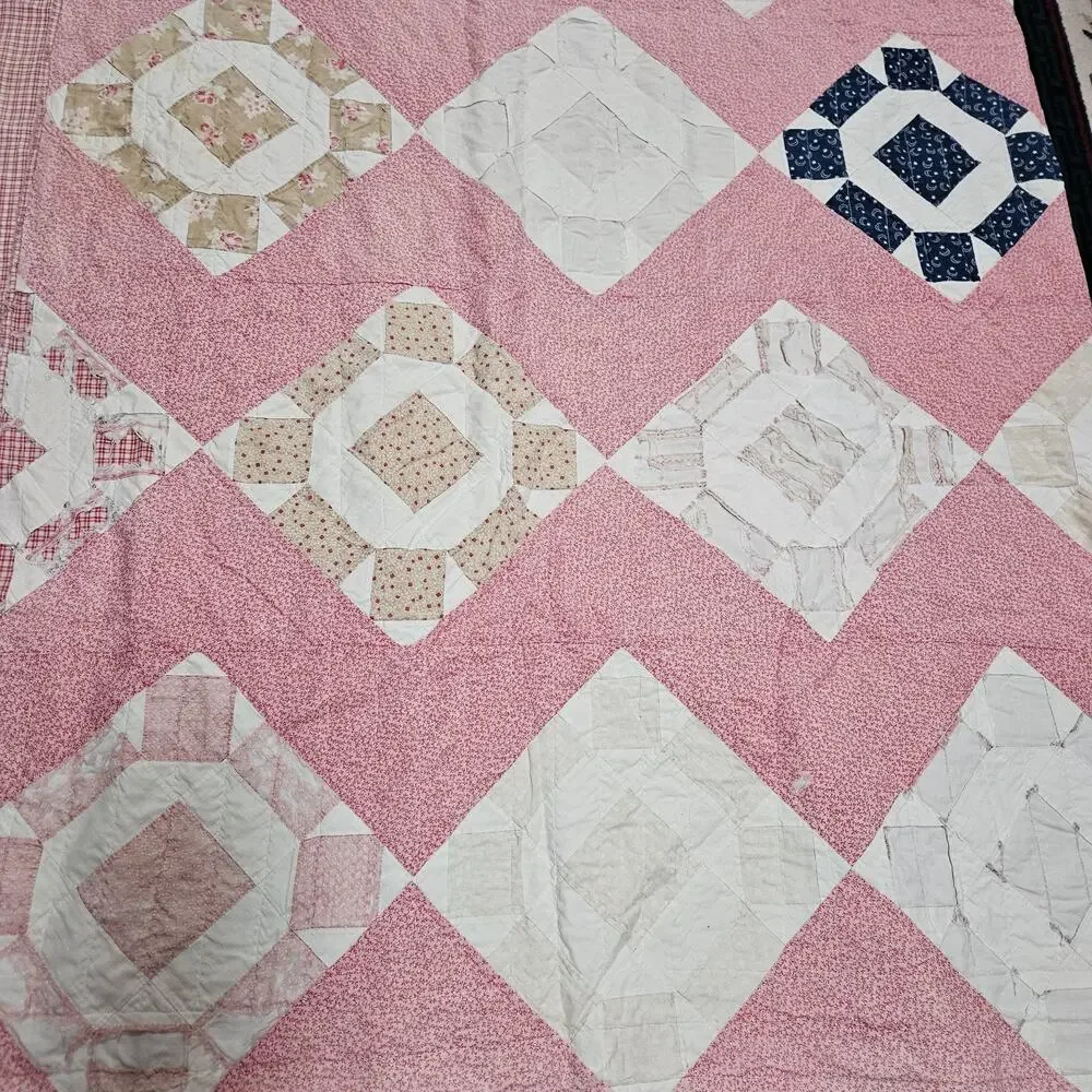 Vtg Hand pieced patchwork quilt 80X80 Chimney sweep design damage stains READ